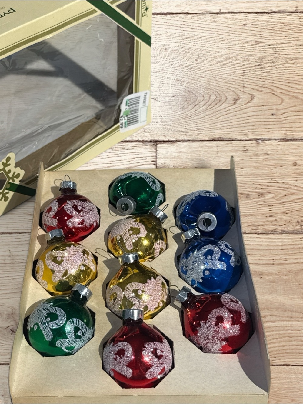 Vintage Pyramid Rauch Glass Christmas Ornaments 10pc Glitter USA Made